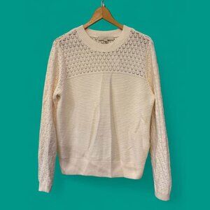 Women’s NWT Loft Cream Textured Crew Neck‎ 100% Cotton Sweater-Size L